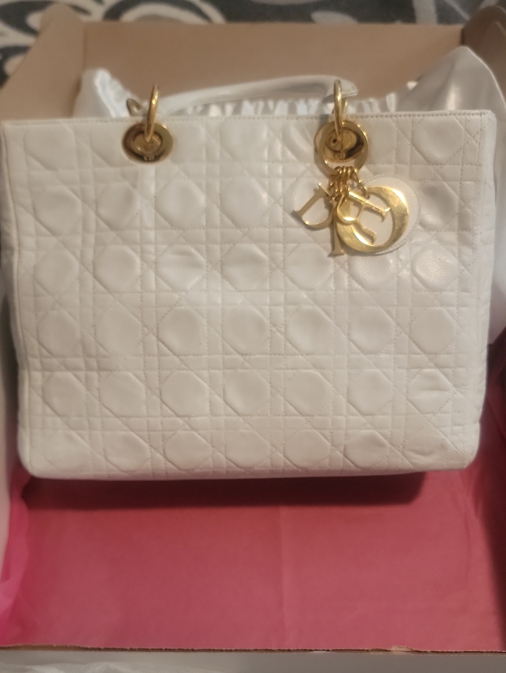 LADY DIOR White Quilted Leather Tote with Gold Charm..Satin Dust Bag